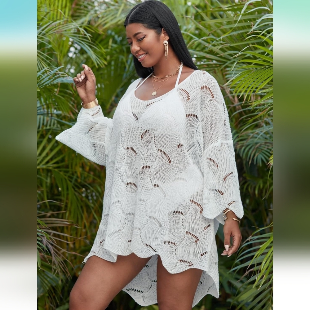 NWOT Women's Plus Size Swimsuit Crochet Cover Up Dress, 1X, White - Picture 4 of 6